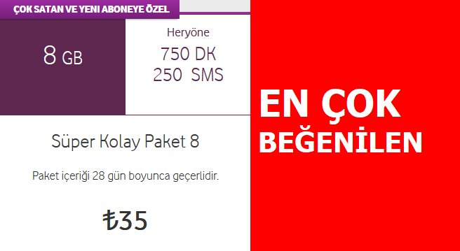 Vodafone Super Kolay 8 Gb Paketi 750 Dakika 35 Tl