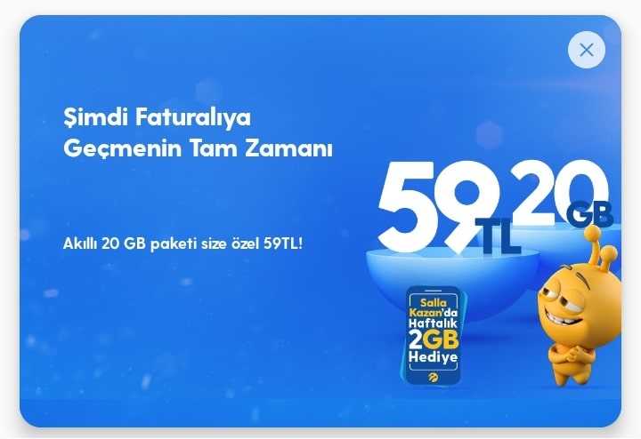 Turkcell Faturalı Akıllı 20 GB Paketi 59 TL