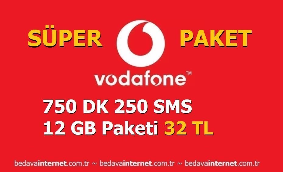 Vodafone 750 dk 250 sms 12 gb paketi 32 tl