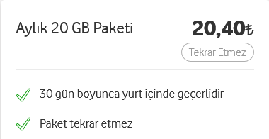 20 GB 20 TL Vodafone Ek Paket
