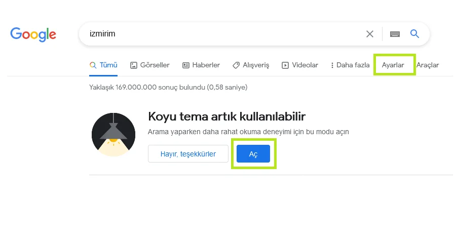 Google koyu dark tema açma - kapatma