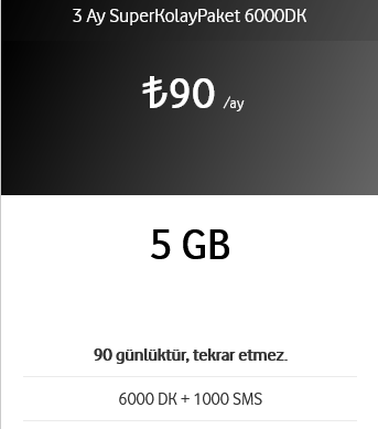 6000 DK + 1000 SMS + 5 GB 90 TL