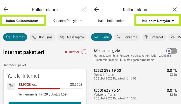 Vodafone Online Self Servis: Vodafone Kullanım Detayı